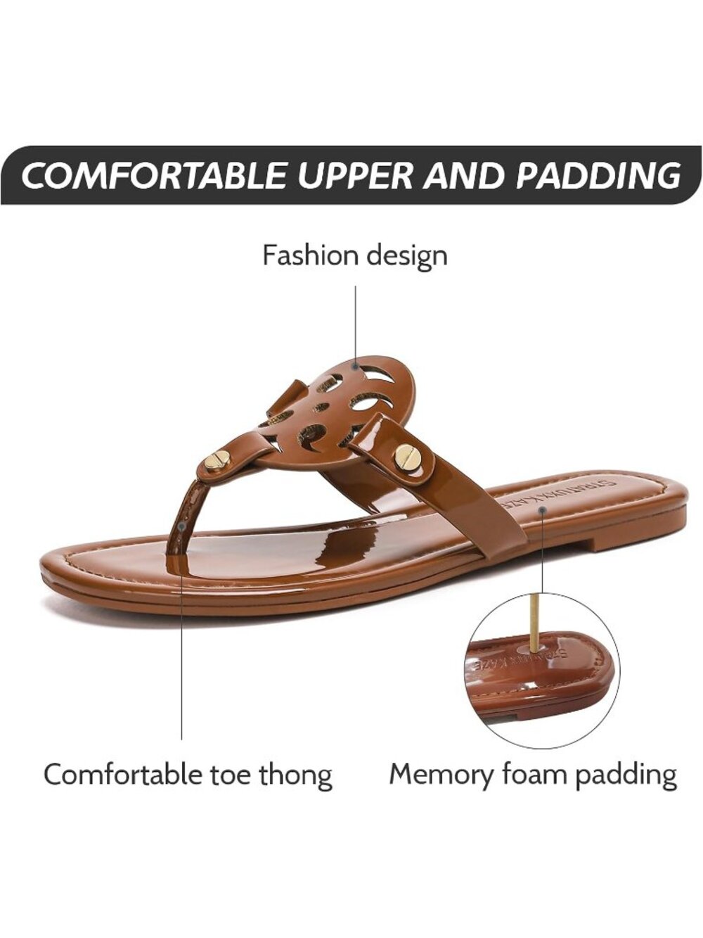 Women's Brown Faux Leather Memory Foam Beach Slides Comfy Flipflop Flat Sandals - Picture 4 of 7